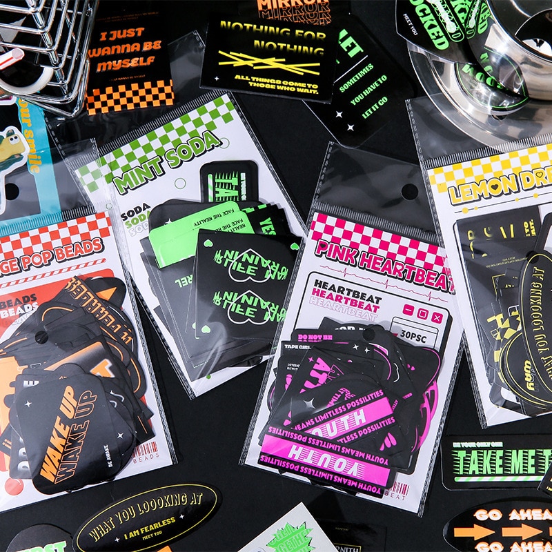 MOHAMM 30pcs Neon Street Fluorescent Stickers Pack Creative Decals for Journaling and DIY Decoration