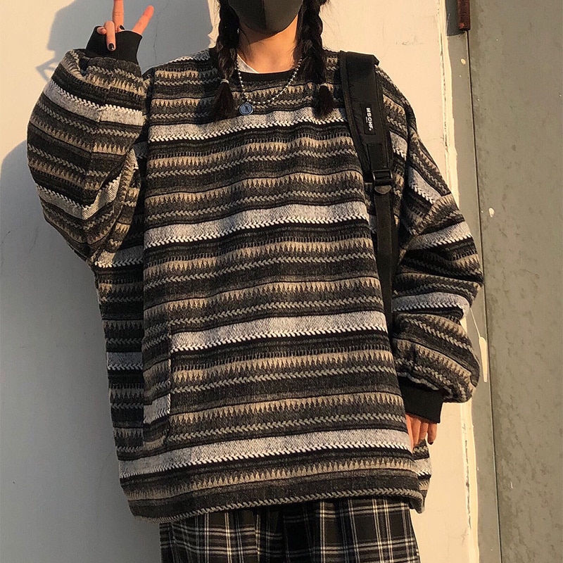 Pullovers Women Men Autumn Retro Striped Oversize Sweater Hip Pop Ulzzang Bf Unisex Knit Sweater Japanese Jumper Couples Tops