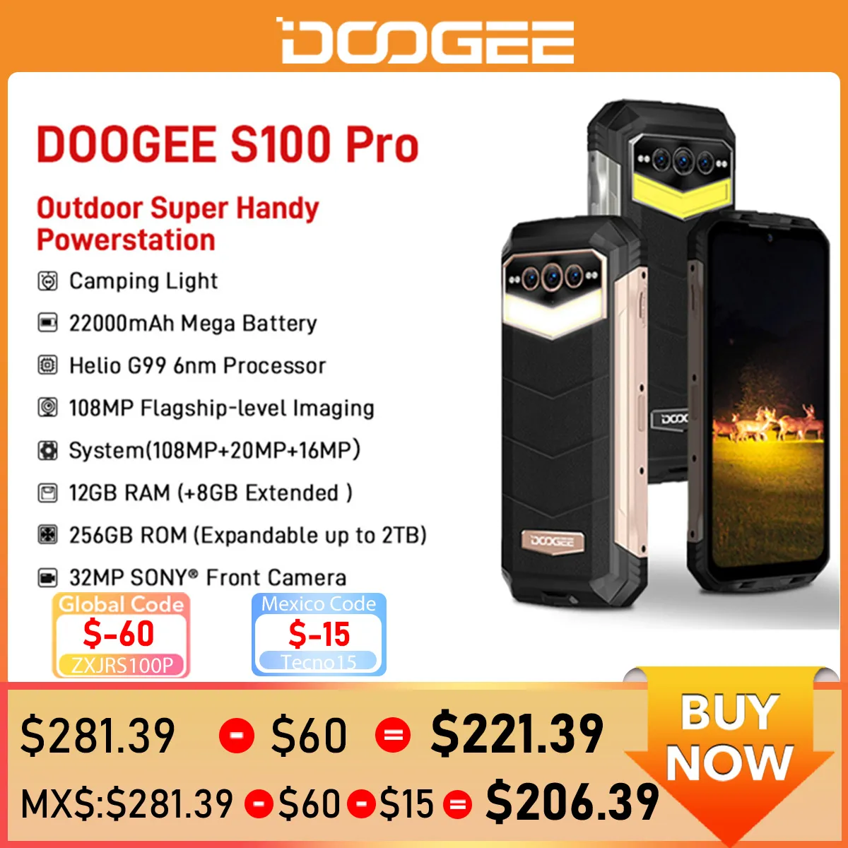 World Premiere DOOGEE S100 Pro Rugged Phone 12GB+256GB 6.58" Helio G99 6nm 108MP Camera 22000mAh Battery Camping Light Cell