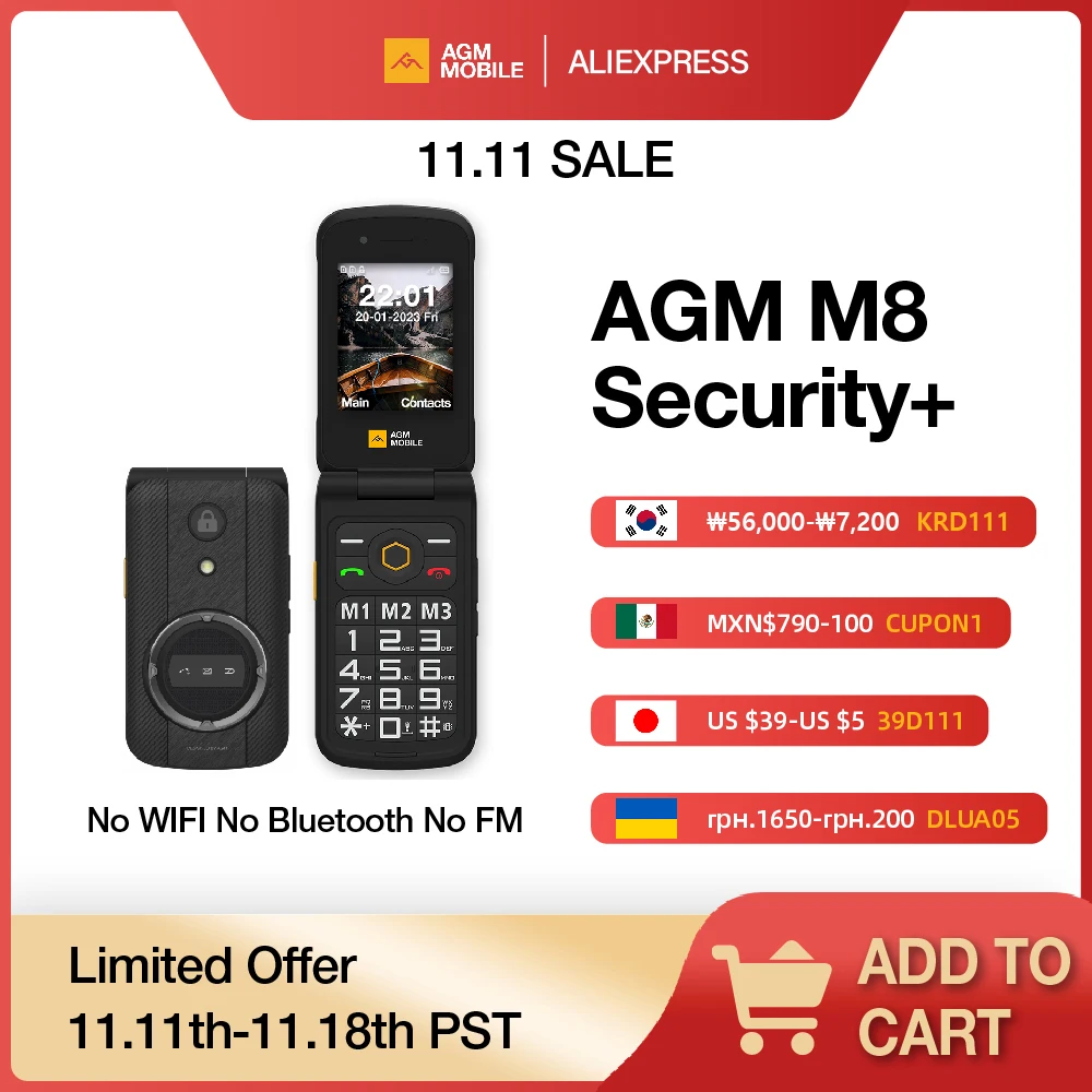 AGM M8 Security Rugged Flip Phone Senior Safe No Cam/Bluetooth WaterProof 2.8” QVGA 4G SOS Button 1500mAh Battery FM Radio