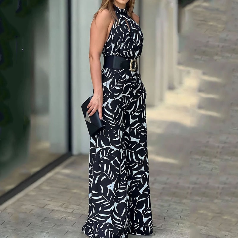 LIYONG Women Jumpsuit Summer Fashion Sleeveless Nipped Waist Loose Printing Casual Pants Romper High Streetwear (without belt)