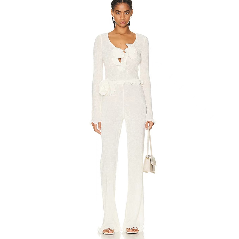 Handmade three-dimensional flowers long-sleeved knit shirt high waist pants 2023 new y2k white pure desire wind women's sui