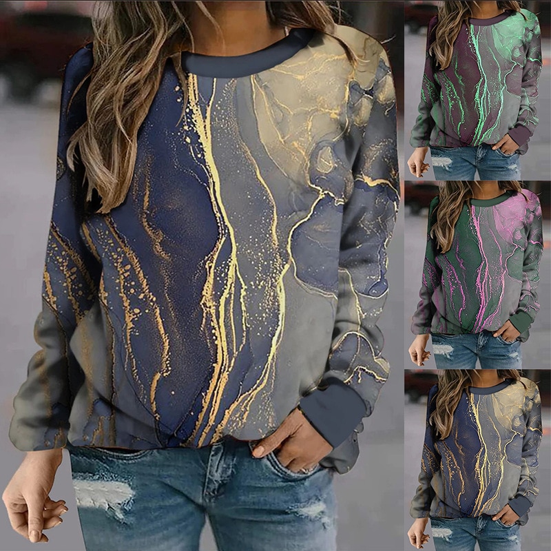 Autumn And Winter Women's Geometric Loose Print Long Sleeve Round Neck Sweater Female Fashion Casual Versatile Commuter Top