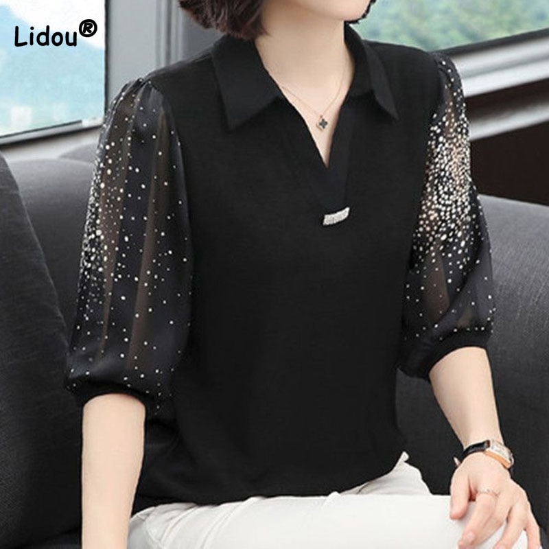 Fashion Elegant Printing Spliced 3/4 Sleeve Shirt Female Summer Women's Clothing Casual Korean Polo-Neck Loose Chiffon Blou