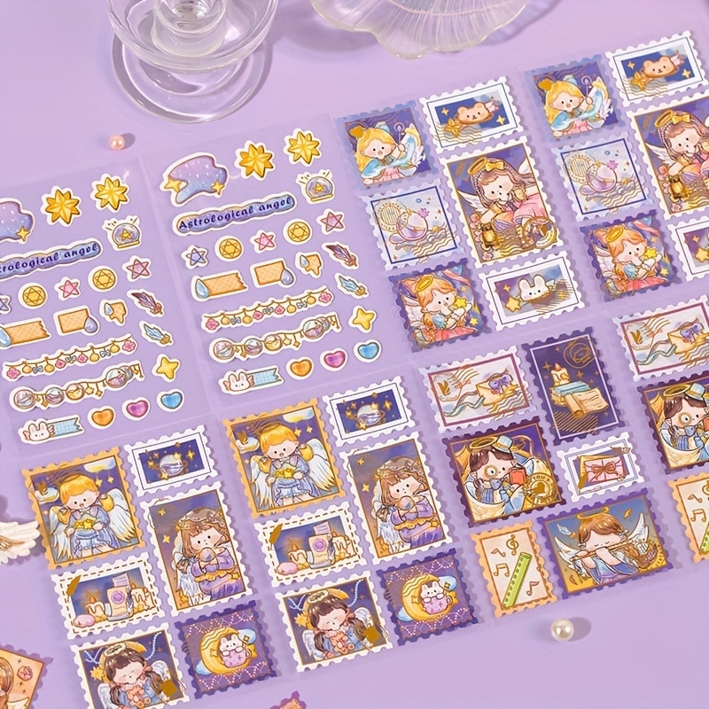 MOHAMM 8 Sheets Cartoon Cute Bronzing Girls Art Paper Stickers for Scrapbooking DIY Decorative Material Collage Journaling