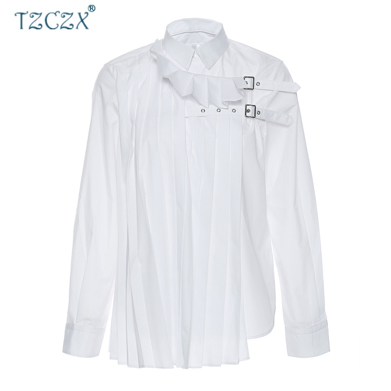 TO1442 New Fashion Women's Blouse Casual Loose Metal Buckle Decorative Pleats Design White Long-sleeved Shirt Tops Clothes
