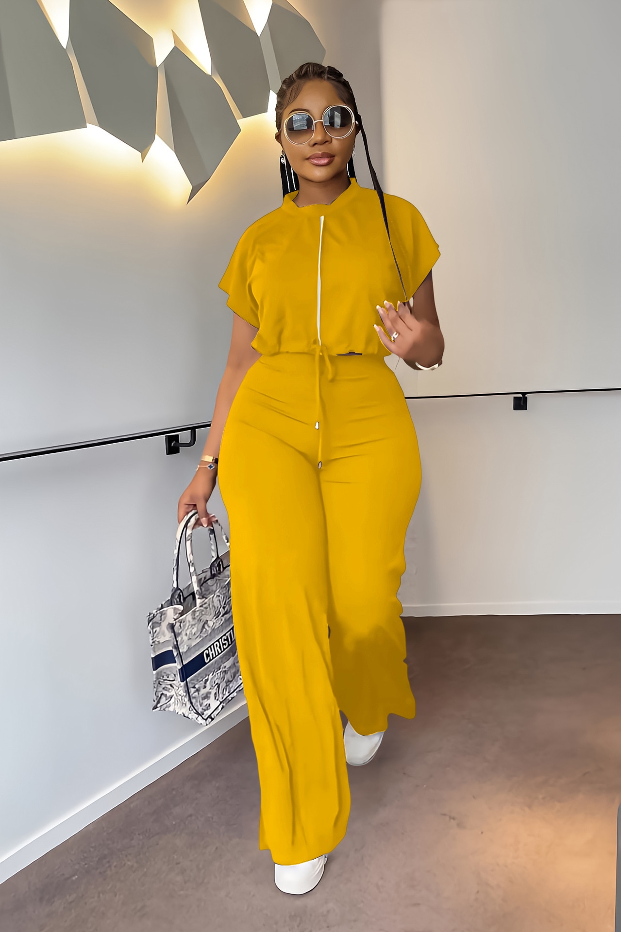 2023 Summer Elegant Tracksuit Two Piece Set Women Streetwear Casual Drawstring Short Tops and Split Wide Leg Pants Set Outfits