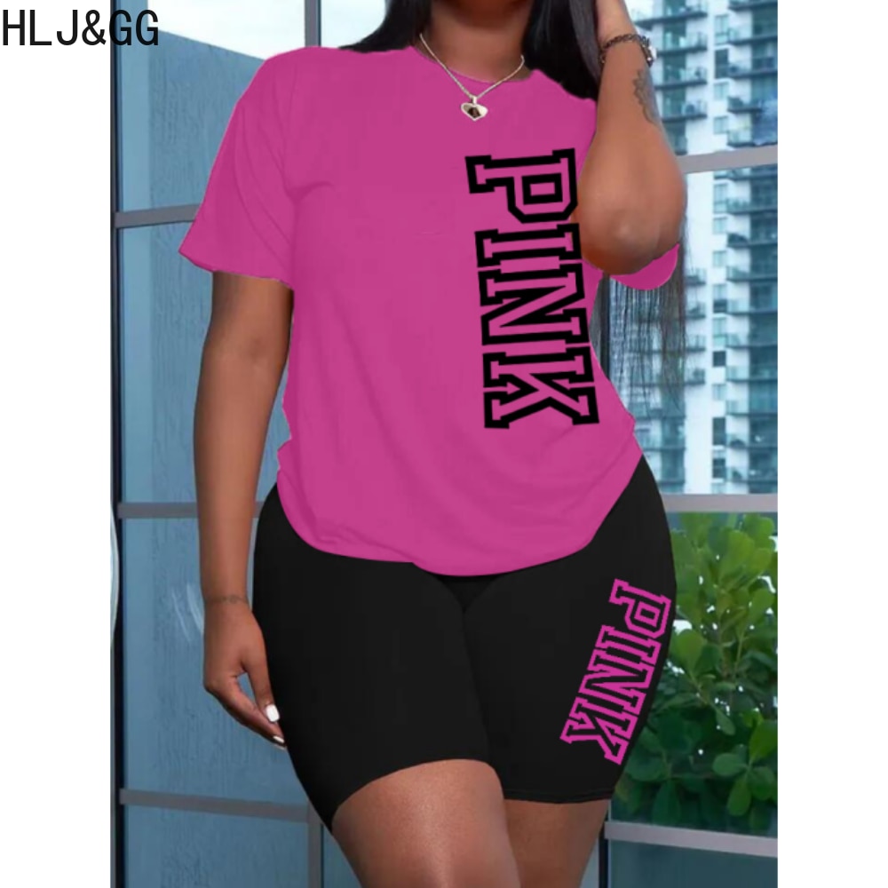 HLJ&GG PINK Letter Printing Tracksuits Women Round Neck Short Sleeve Tshirt+Biker Shorts Two Piece Sets Summer Matching Outf