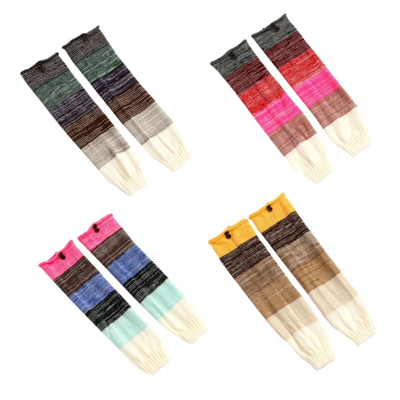 Women Winter Knit Long Leg Warmers Rainbow Stitching Buttons Boot Cuffs Socks 37JB