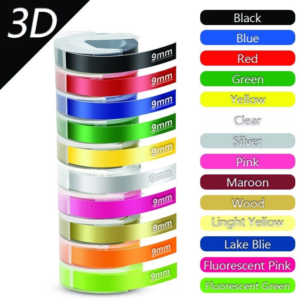 1Pcs Compatible Dymo 3D Label Tape 9mm Dymo 3D Embossing Tape For Dymo Motex E101 E202 Manual Typewriter 12965 1610 Label Maker