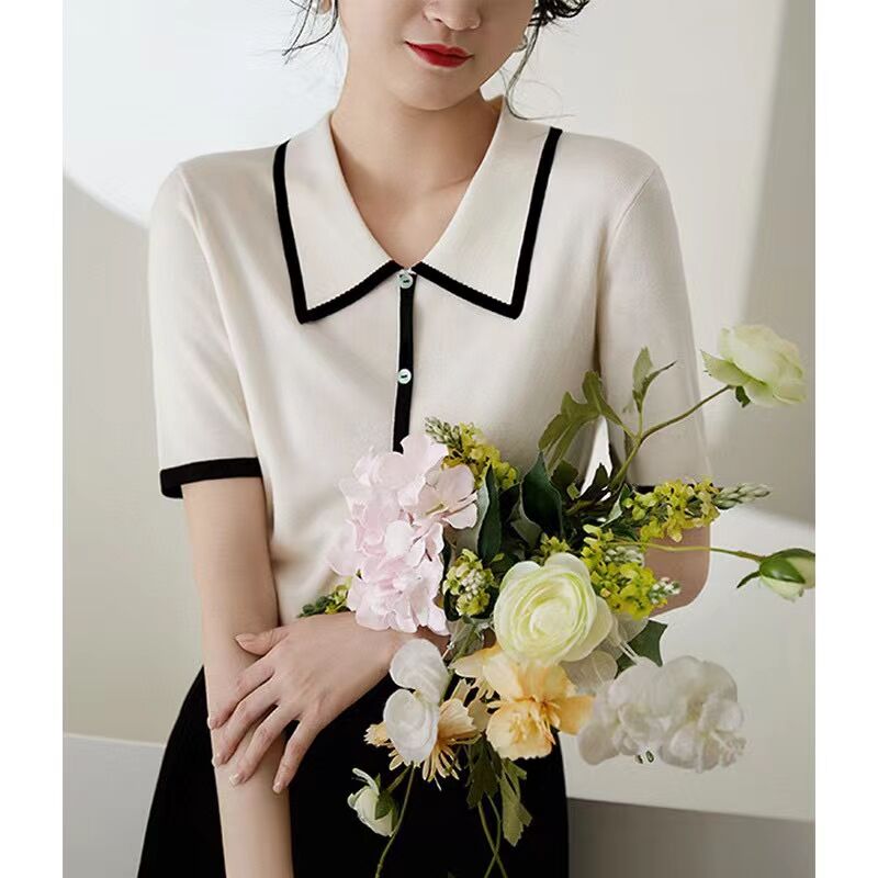 Top Quality Women's Sheep Wool Tee Tops Elegant Turn Down Collar Knit T-shirt Ladies High Elastic Slim Wool Blouse Short Sl