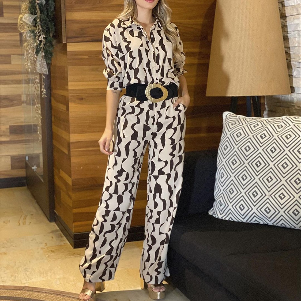 2023 Spring New Women's Clothing Retro Fashion Print Lapel Long Sleeved Casual Shirt High Waist Straight Leg Pants Two Piec