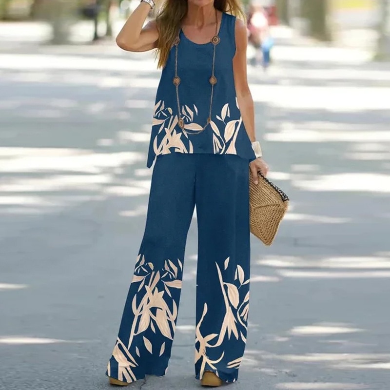 O-Neck Sleeveless Top Elastic Waist Wide Leg Pants 2PCS Outfit Women Summer Loungewear Printing Ladies Matching Set