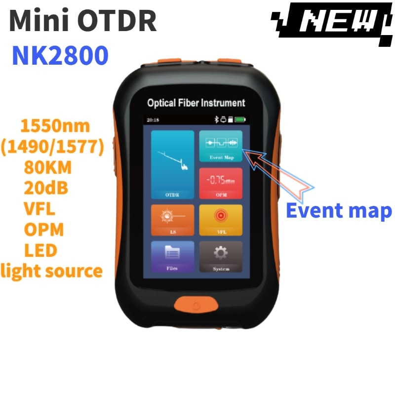Mini OTDR active fiber NK2800 Fiber Optic Reflectometer With Eventmap VFL OLS OPM 20dB for 80Km Fiber Cable Ethernet otdr Tester