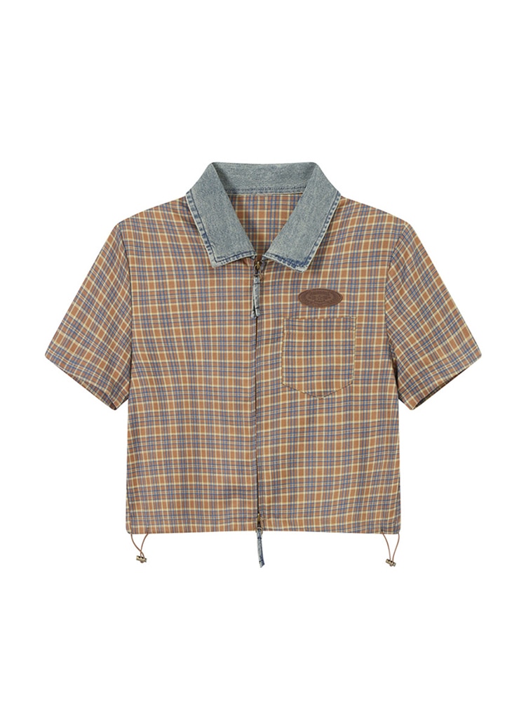 Women's Shirts and Blouses Korean Style Harajuku Fashion Short Sleeve Plaid Kawaii Zippers Polo Vintage Shirt Top Clothes S