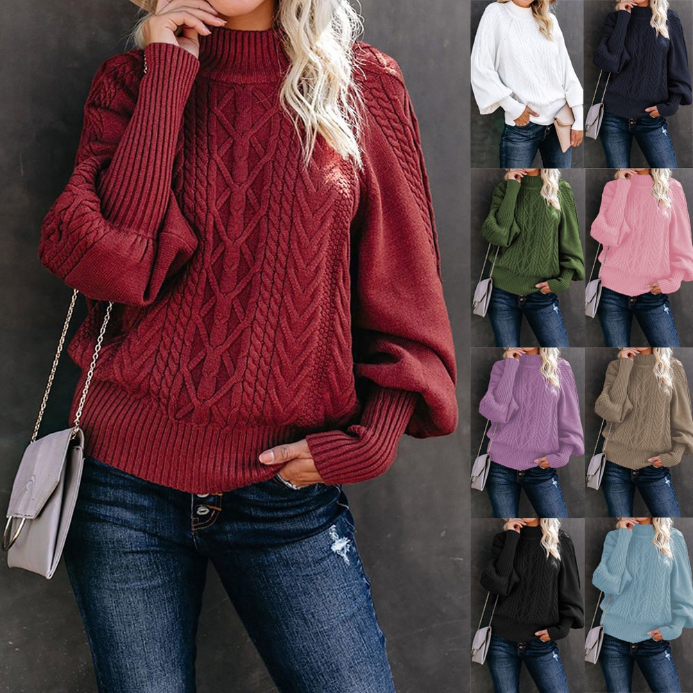 2023 Winter New Mid Neck Sweater Women's Leisure Shopping Loose Sleeve Knitted Solid Color Sweater