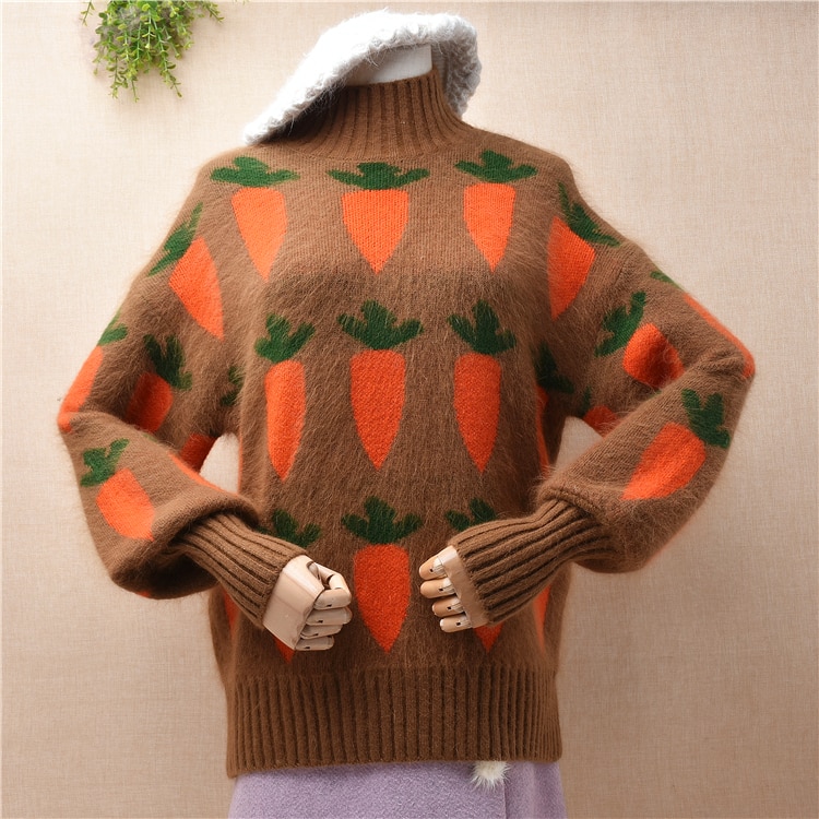 04 Ladies Women Fall Winter Sweet Carrot Hairy Angora Rabbit Hair Knitwear Long Lantern Sleeves Turtleneck Loose Sweater Pull