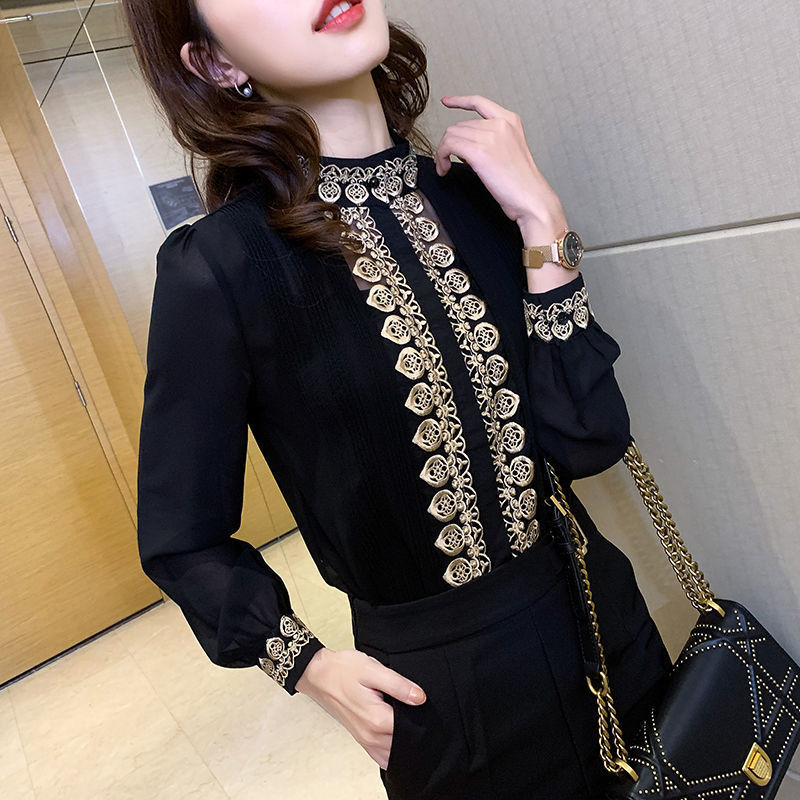 Fashion Socialite Long Sleeve Chiffon Shirt retro blouse 2023 New Spring Pop Top Spring Style Black Shirt Women