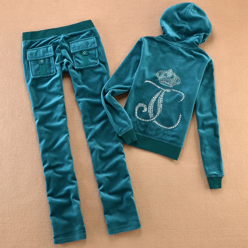 Spring 2023 Women's Velvet Trousers Suit 2 Piece Hoodie Diamond Sweatshirt Female Fitness Set