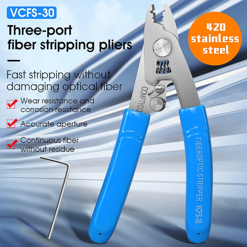 VCFS-30 Stainless Steel Three-port Fiber Stripping Pliers FTTH Tool Fiber Optic Wire Stripper (Optional Two Ports)