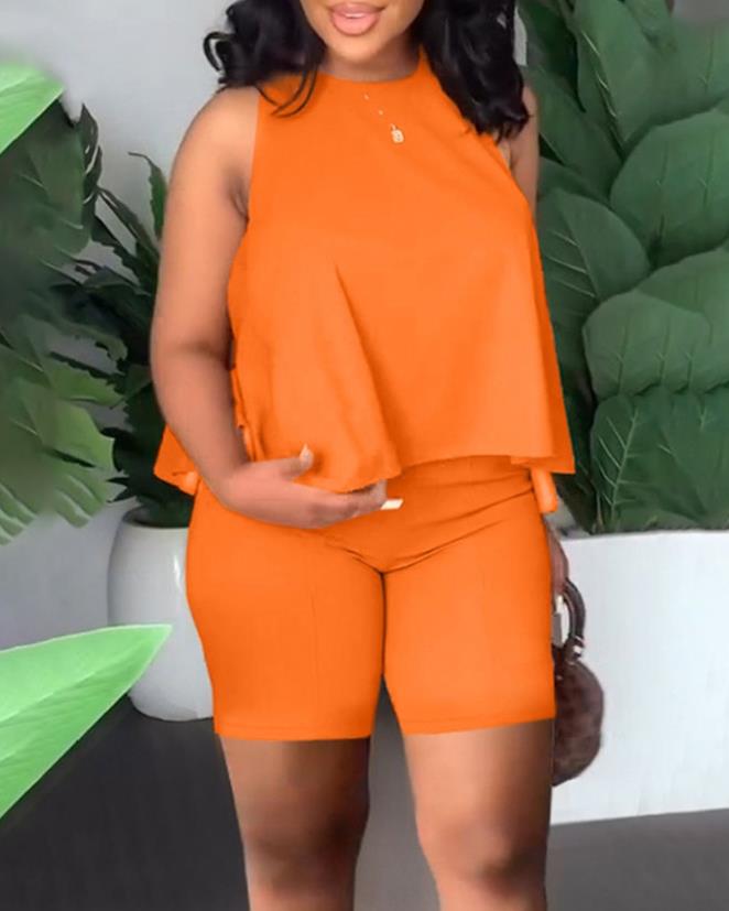 2023 Spring/summer Women's Wear Hot Selling New Solid Color Casual Large Flow Tank Top and Shorts Set