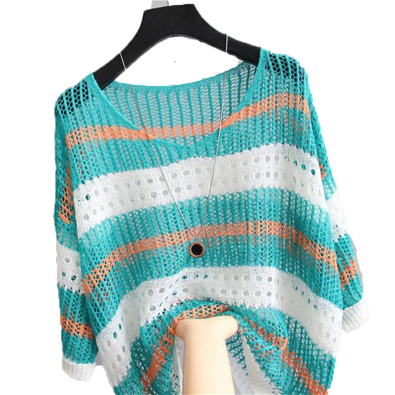 Women's Thin Knitwear Pullover 2023 Spring Summer Striped Hollow Knitted Sweater Jumper Tops Sun Protection Clothing Female