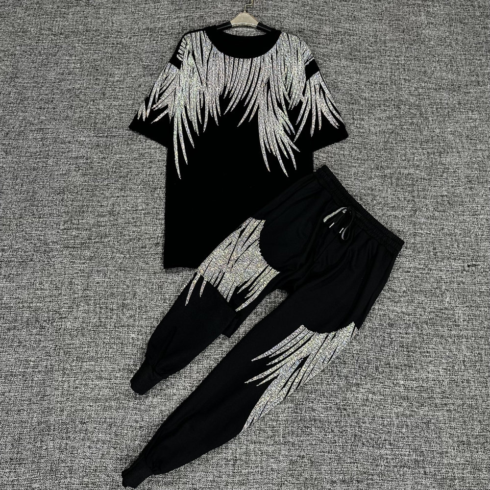 4XL Plus Size Rhinestone Graphic Brand 2 Piece Sets Womens Men Outfit Summer Streetwear Luxury Clothes Joggers Women Set Y2K