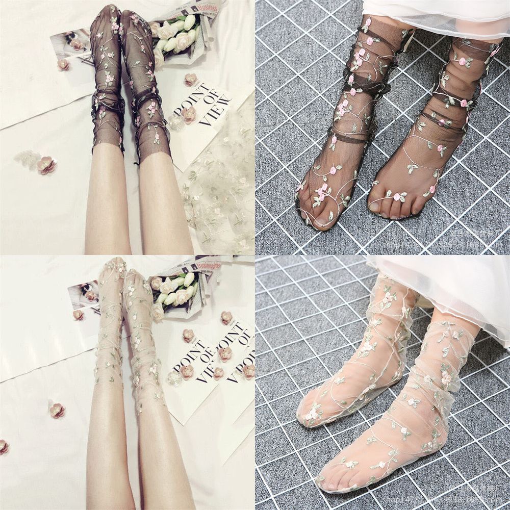 Female Ankle Socks Transparent Ultra-Thin Fish Net Socks Transparent Mesh Sexy Lace Socks Flower Embroidery