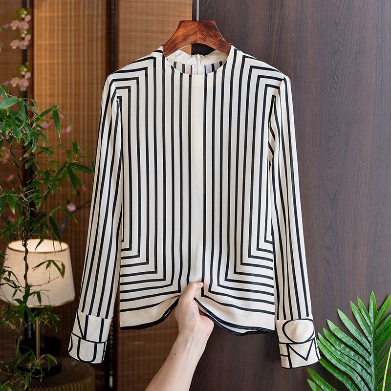 Summer Chiffon Shirt Women Casual Fashion Stripe O-Neck Long Sleeves Zipper Blouse Movafag