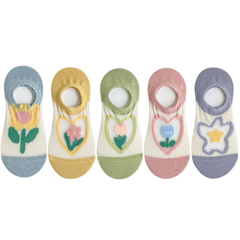 Women Socks Spring Summer Thin Candy Colors Cartoon Flower Boat Socks Female Cute Shallow Mouth Japanese Invisible Socks