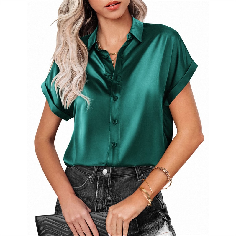 Women's Solid Color Satin Single-breasted Cardigan Shirt Summer Short Sleeve Lapel Neck Blouse Female Loose Trend Street To
