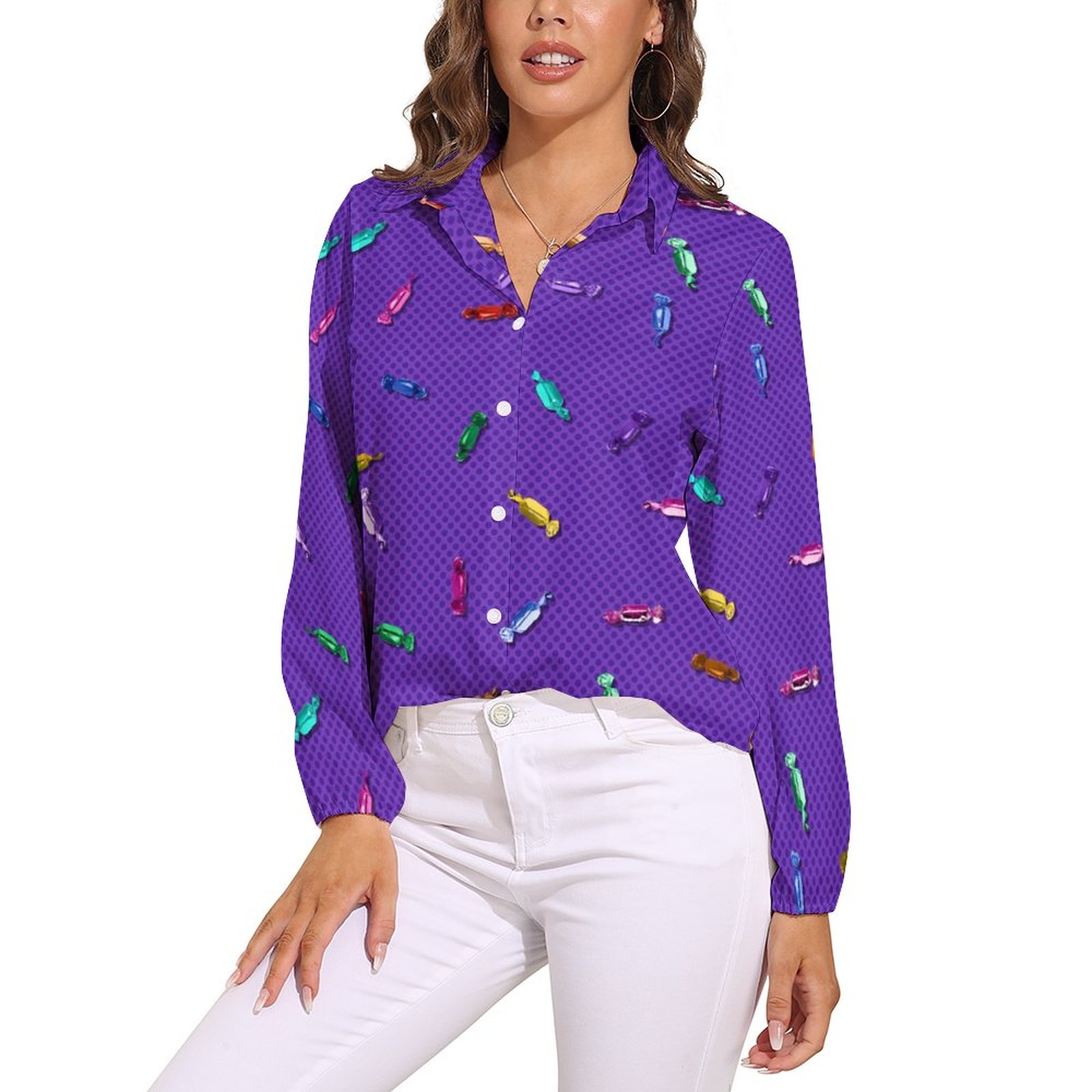 Hard Candy Blouse Long-Sleeve Colorful Print Kawaii Blouses Women Classic Oversized Shirt Custom Top Gift
