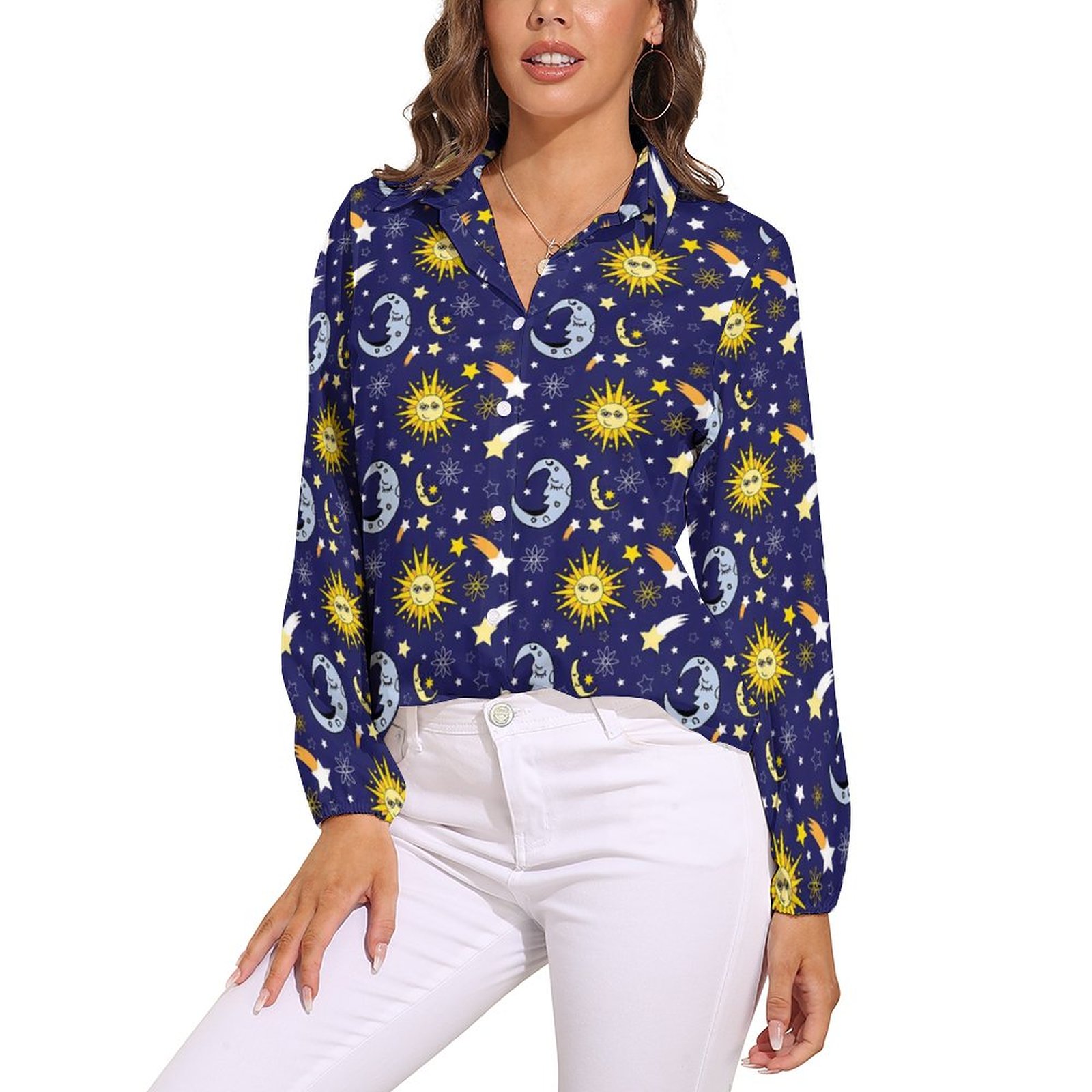 Sun And Moon Blouse Women Celestial Astrology Casual Loose Blouses Long-Sleeve Vintage Shirt Graphic Clothing Big Size 2XL 3XL