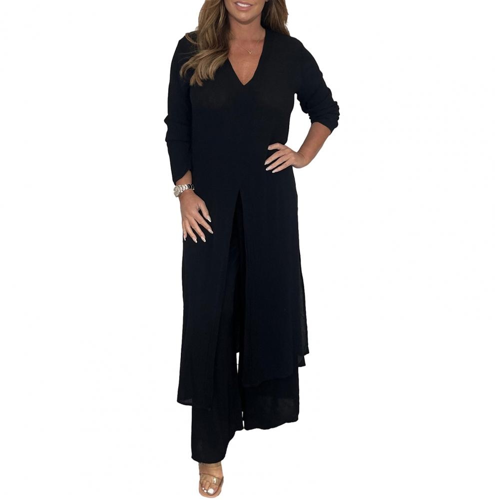 2 Pcs/Set Women Shirt Pants Set V Neck Casual Solid Color High Split Wide Legs Polyester Long Sleeves Thin High Waist Women Sets