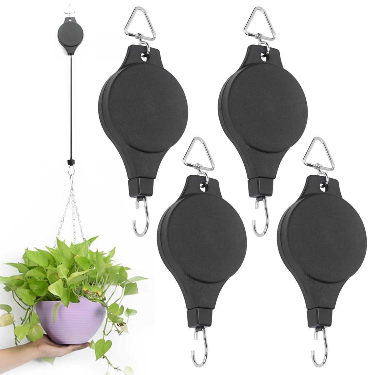 L 4Pcs Retractable Plant Hanger Adjustable Plant Pulley 8kg Heavy Duty Hanging Basket Hook Hang High up and Pull Down Plant
