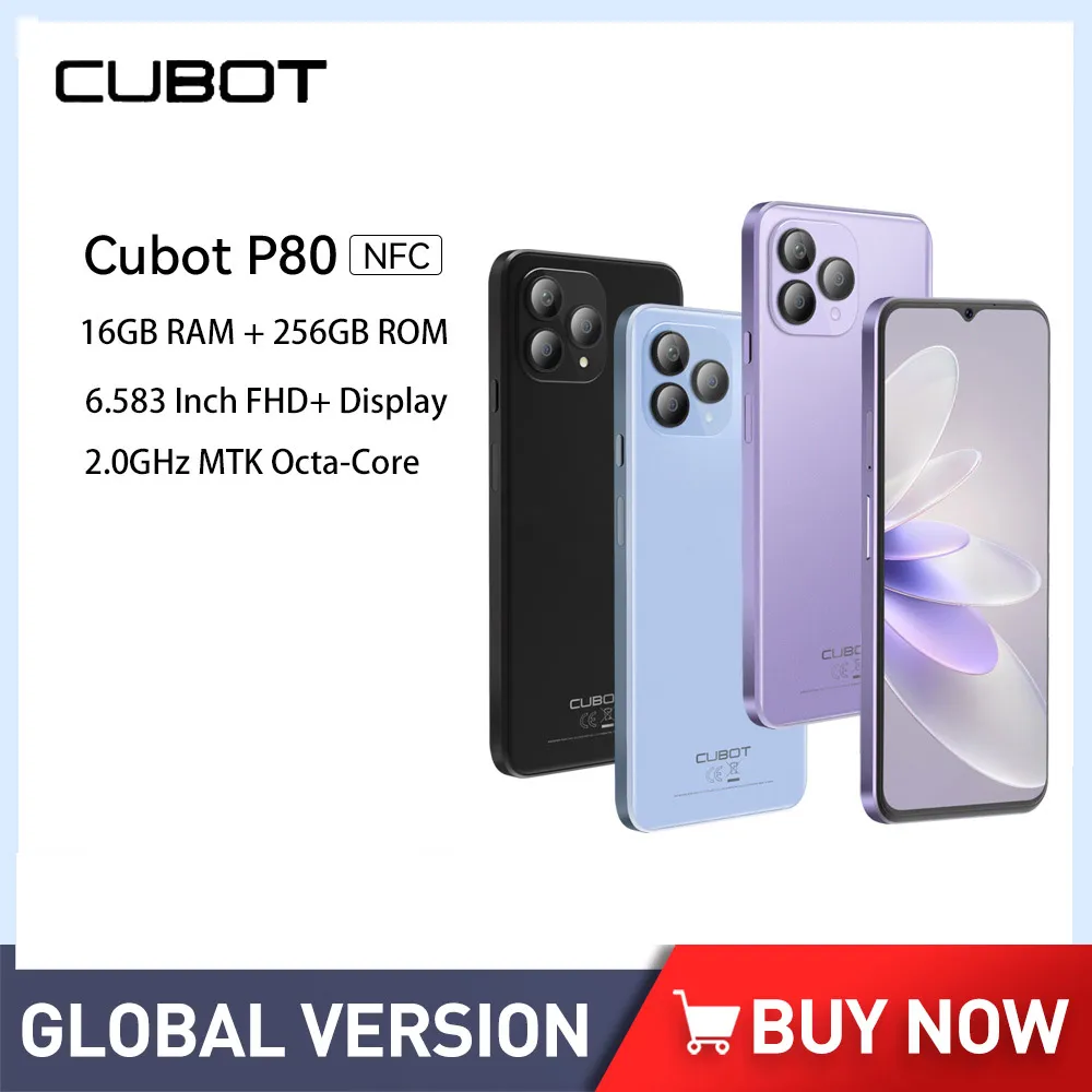 2023 New Cubot P80 Smartphones Octa-Core 8GB+256GB 6.583 Inch FHD Screen 48MP+24MP Android 13.0 Mobile Phone 5200mA Battery NFC