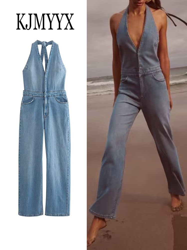 KJMMYX Summer Denim Jumpsuit Women Blue Long Jumpsuits Woman Sleeveless Backless Design Woman Jean Jumpsuit Straight Overalls