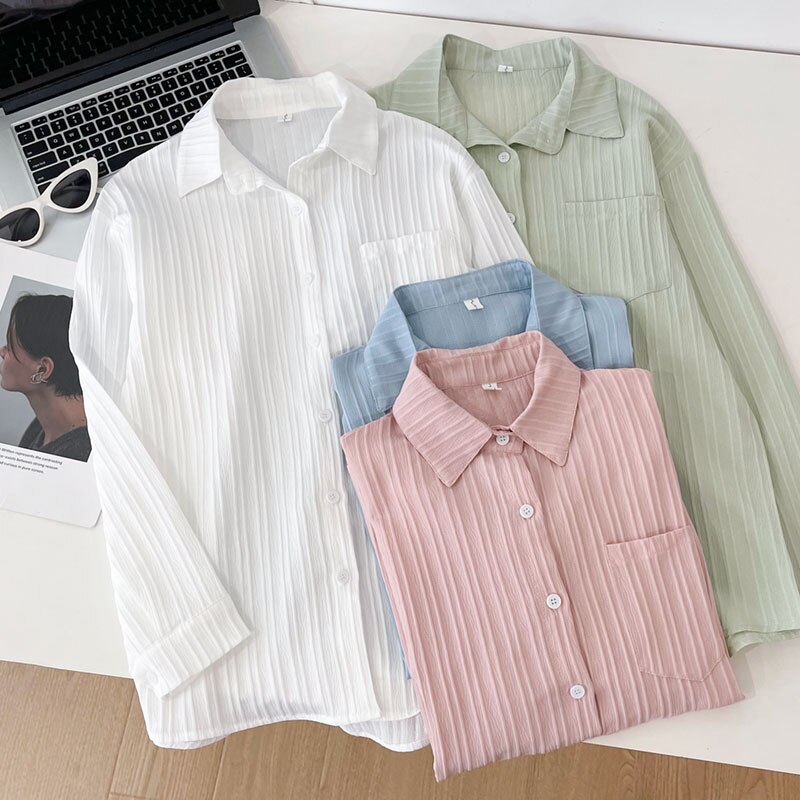 Summer Fresh Solid Color Lazy Wind Pit Stripe Comfortable Slim Shirt