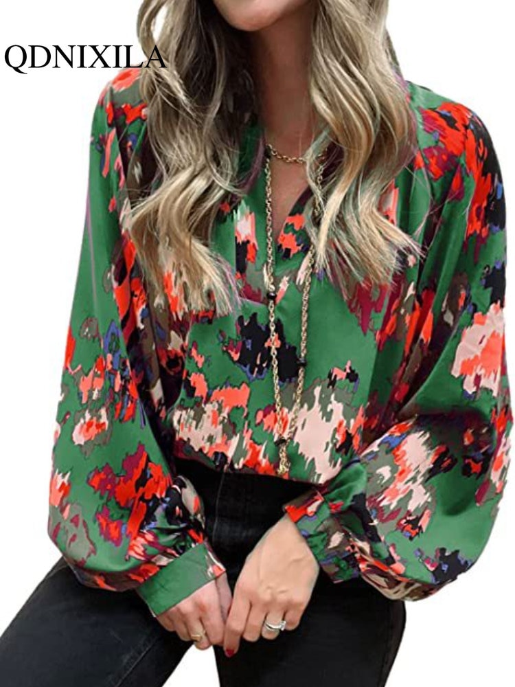 Shirts and Blouses New In Casual Bohemian Abstract Print V-Neck Lantern Long Sleeve Top Loose Shirt Clothing Women Summer 2023