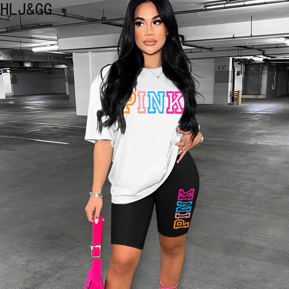 HLJ&GG Casual PINK Letter Printing Shorts Sets Women Round Neck Tshirt + Biker Shorts Tracksuits Summer Sporty Two Piece Out