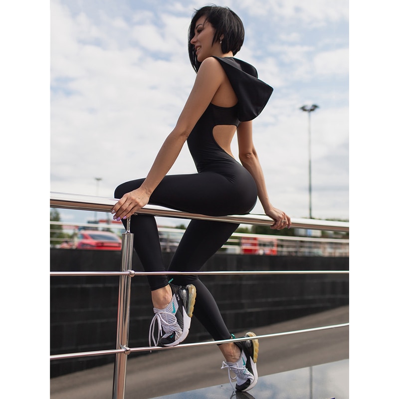 Gymdolphins New Female Sexy Backless Hooded Jumpsuit Black Grey Tight Bodysuit For Women 2023 Summer New Fitness Jump Suits