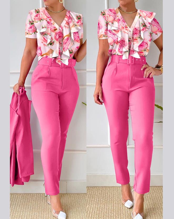 Two Piece Sets Women Outifit 2023 Summer Fashion Floral Print V-Neck Short Sleeve Top & Casual Pocket Design Pants Set with 