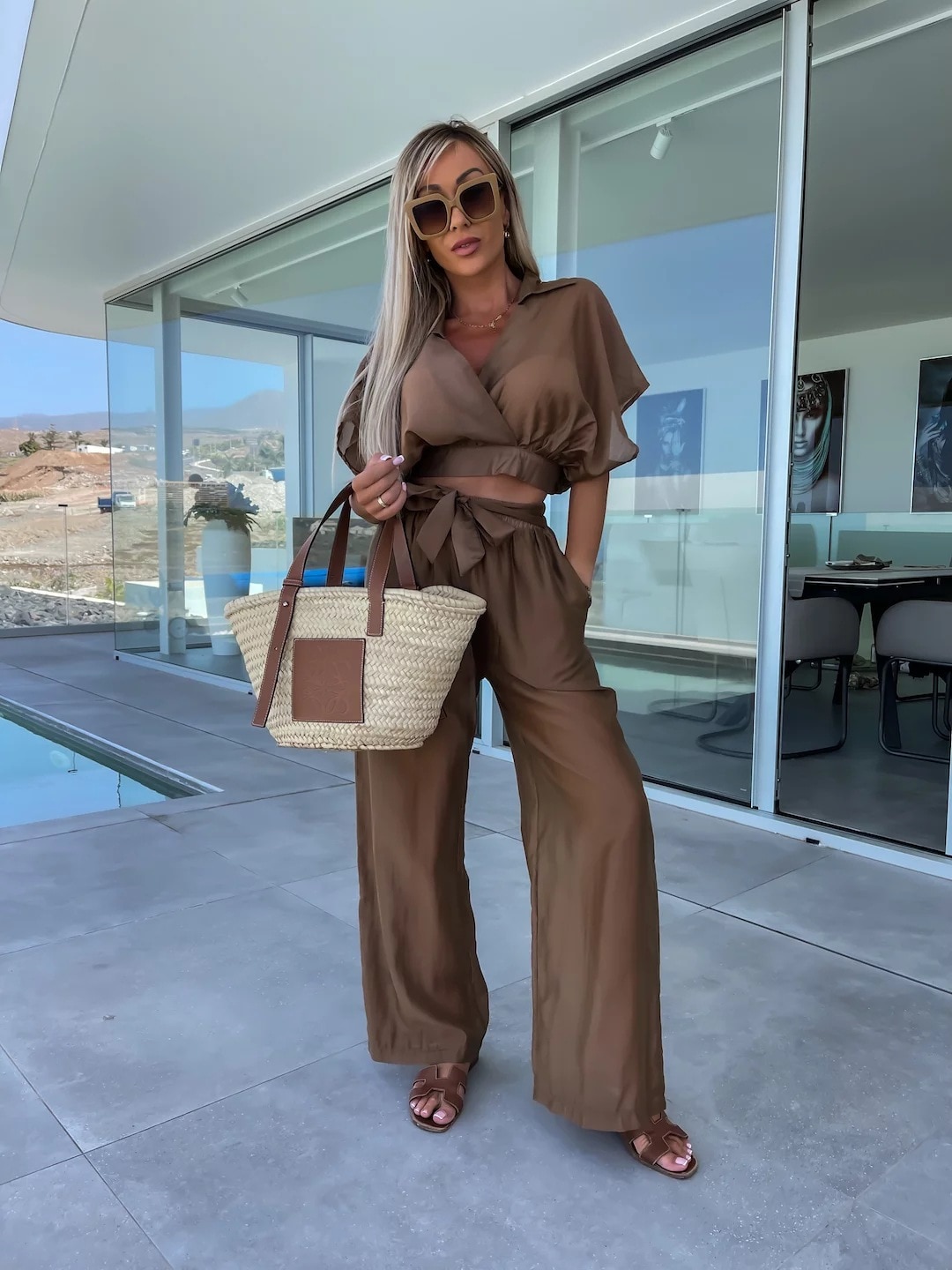 Summer Casual Long Pants Suits V Neck Solid Color Tops Waist Tie Straight Pants Two Piece Set Women Fashion Female 2 Piece Set