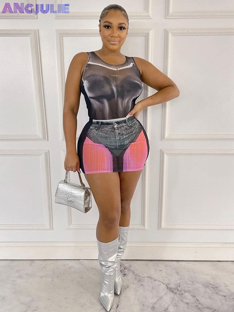 Angjulie Sexy Y2K Streetwear Print Mesh 2 Piece Sets Women Outfits 2023 Summer Trends Slim Tank Tops+Straight Skinny Mini Skirts