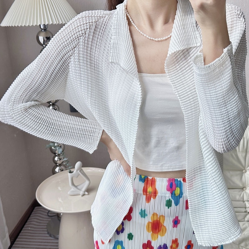 Miyake Pleated Summer Shirt Women's Corn Kernel Air Conditioned Shirt Loose Fashion Outerwear Thin Sun Protection Cardigan