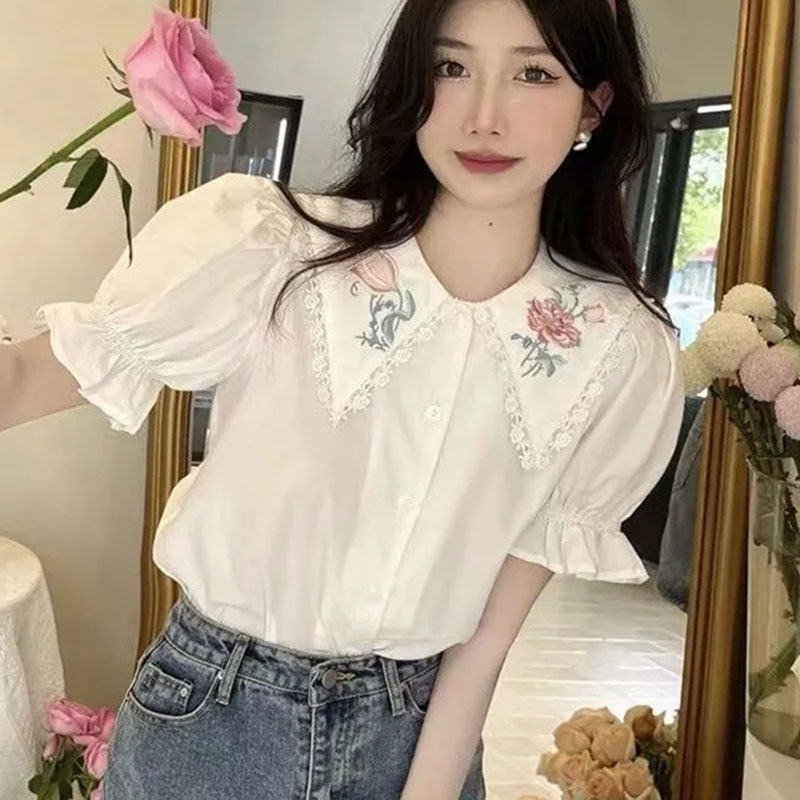 Biyaby French Style White Tops Woman Korean Embroid Button Peter Pan Collar Women's Shirt Summer New Sweet Short Sleeve Shi