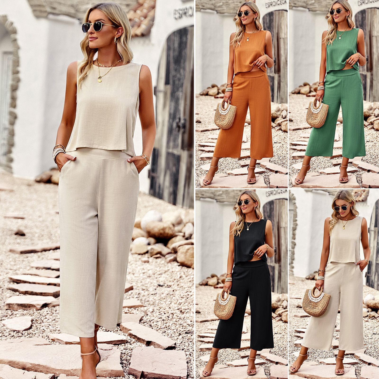 Women's Set Temperament Sleeveless Solid Color Tops+Wide-leg Pants Nine-point Pants Two-piece Set Women Bare Shoulder Casua