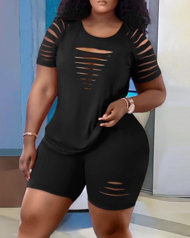 Two Piece Sets Women Outifits 2023 Summer Fashion Ladder Cutout Round Neck Short Sleeve Top & Casual High Waist Daily Shorts