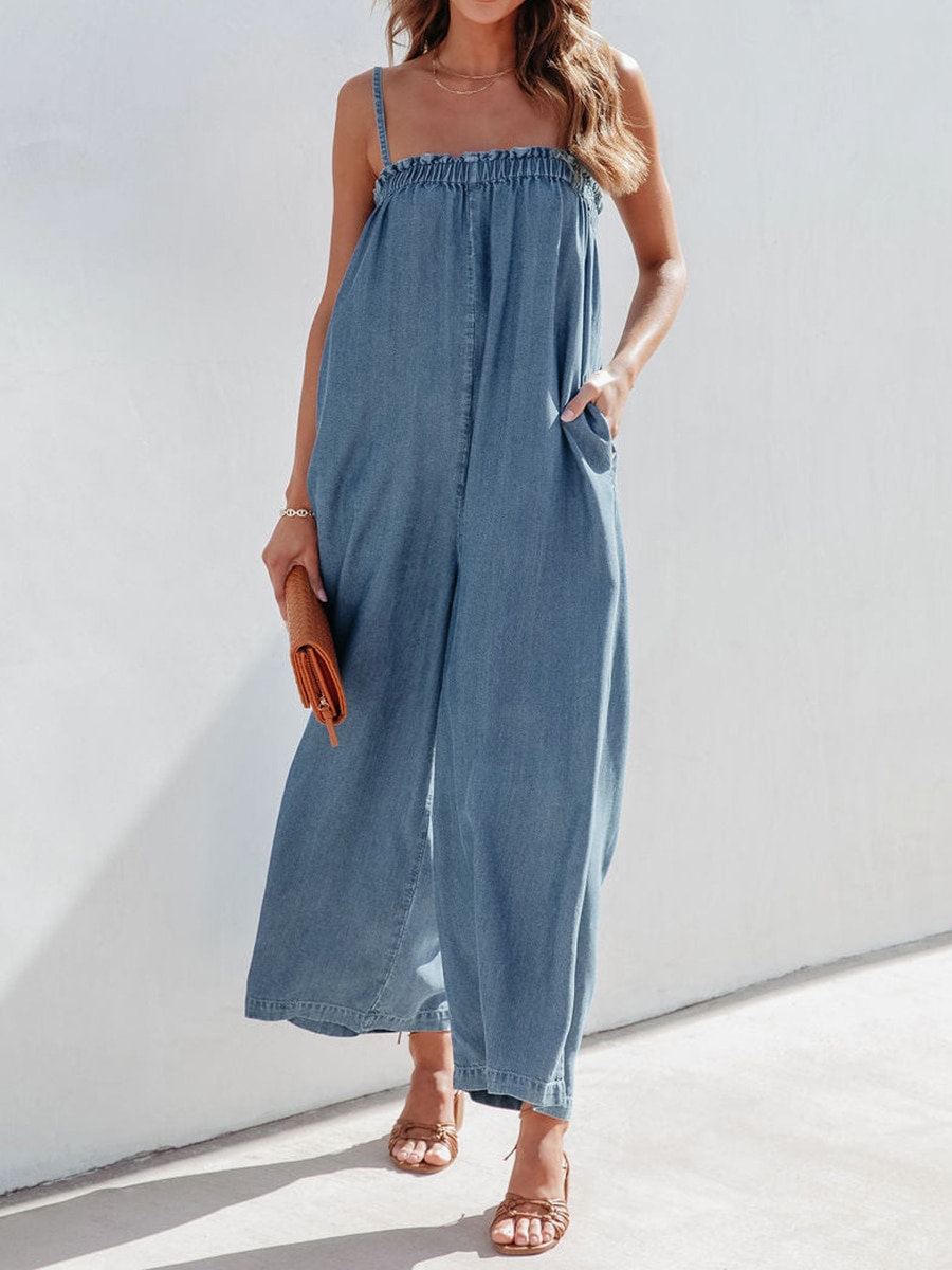 Fashion Women Casual Blue Denim Jumpsuit Summer Loose Wide Leg Pants Bib Overalls Pocket Sleeveless Strap Overalls Jumpsuits