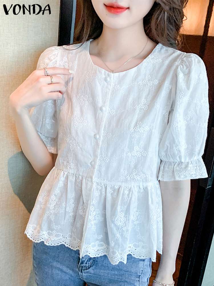 Elegant Lace Blouses Women Shirts VONDA 2023 Summer Short Puff Sleeve Ruffled Tunic Tops Solid Casual Loose Blusas Femininas